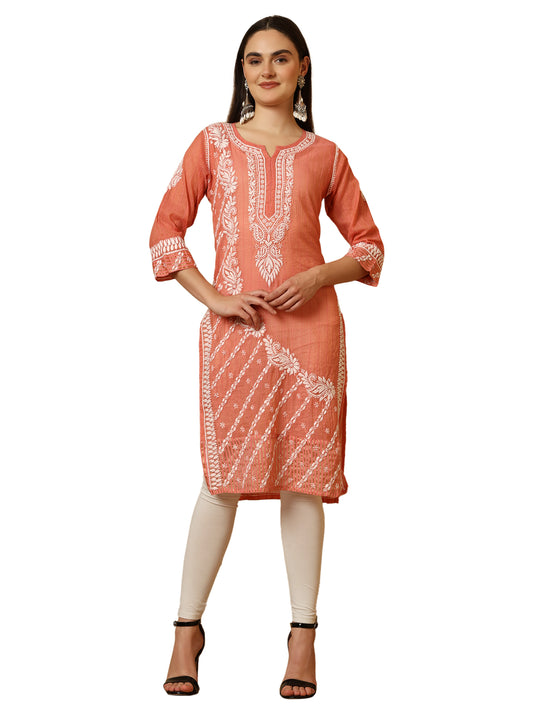 Peach Rusty Rose Mul Chanderi Lucknowi Chikankari Long Kurta for Women with Hand Embroidery – Ethnic Wear Kurti