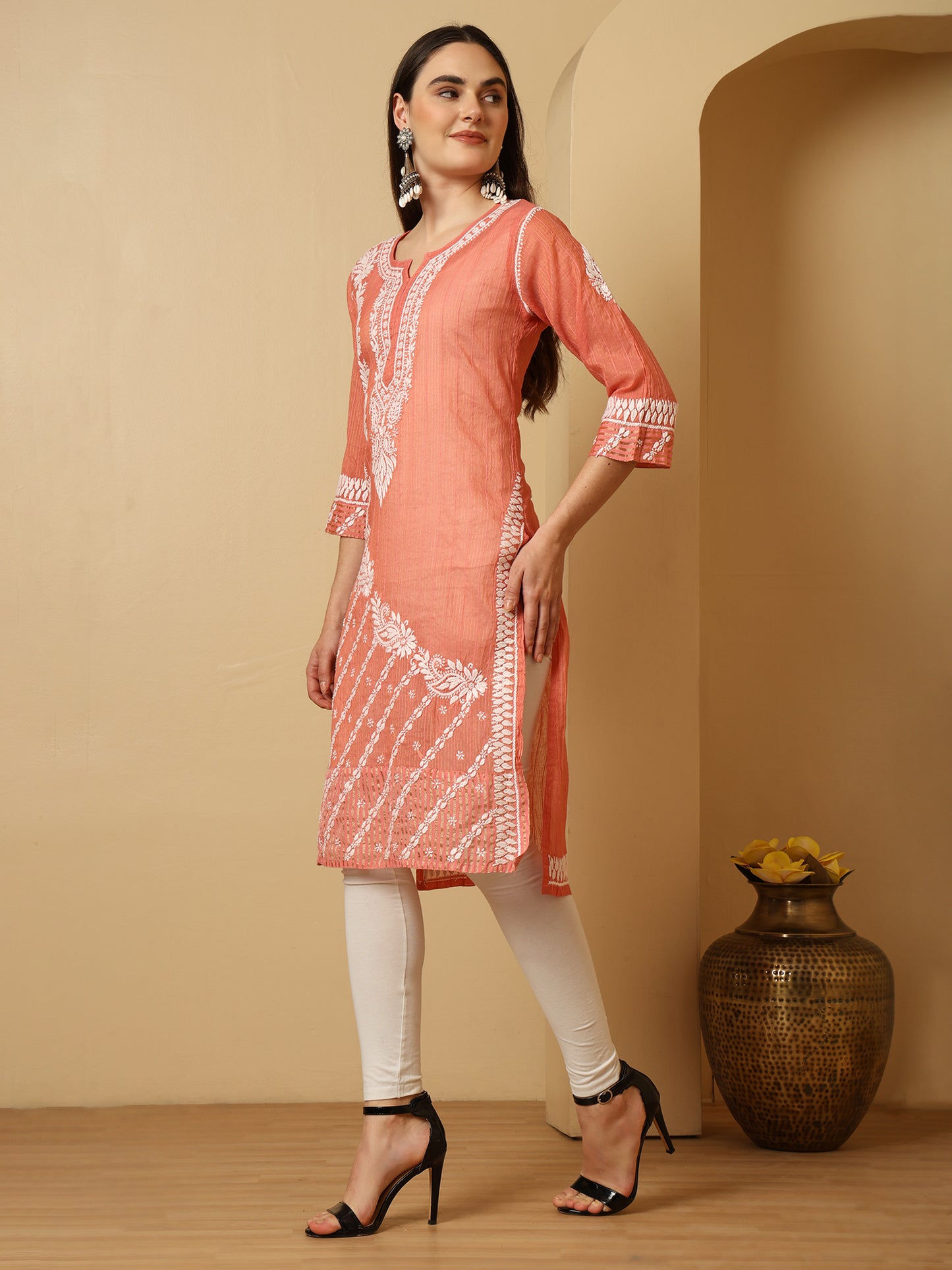 Peach Rusty Rose Mul Chanderi Lucknowi Chikankari Long Kurta for Women with Hand Embroidery – Ethnic Wear Kurti