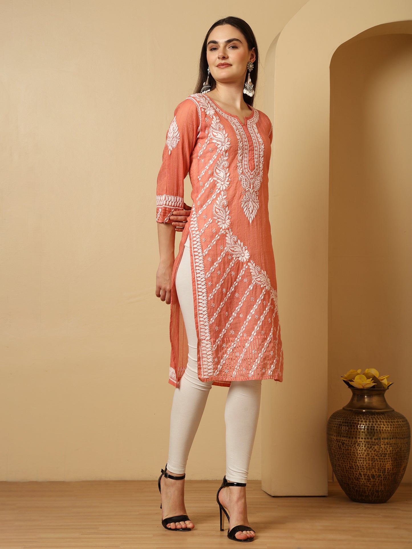 Peach Rusty Rose Mul Chanderi Lucknowi Chikankari Long Kurta for Women with Hand Embroidery – Ethnic Wear Kurti