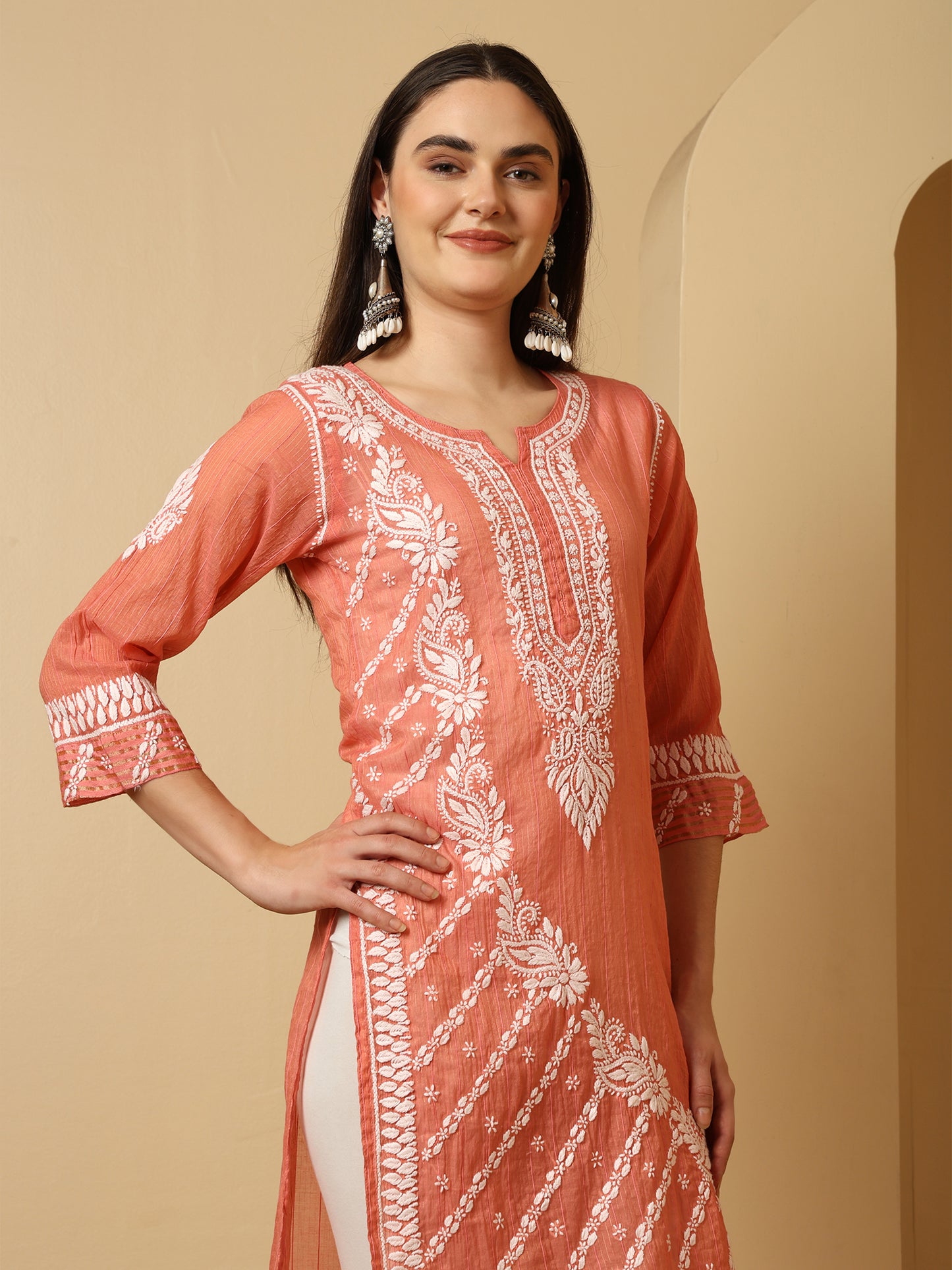 Peach Rusty Rose Mul Chanderi Lucknowi Chikankari Long Kurta for Women with Hand Embroidery – Ethnic Wear Kurti