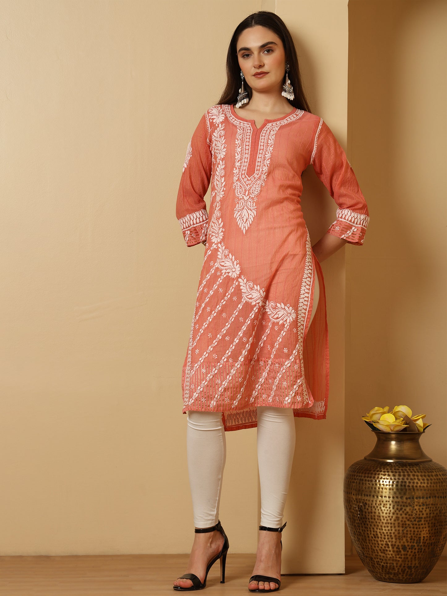 Peach Rusty Rose Mul Chanderi Lucknowi Chikankari Long Kurta for Women with Hand Embroidery – Ethnic Wear Kurti