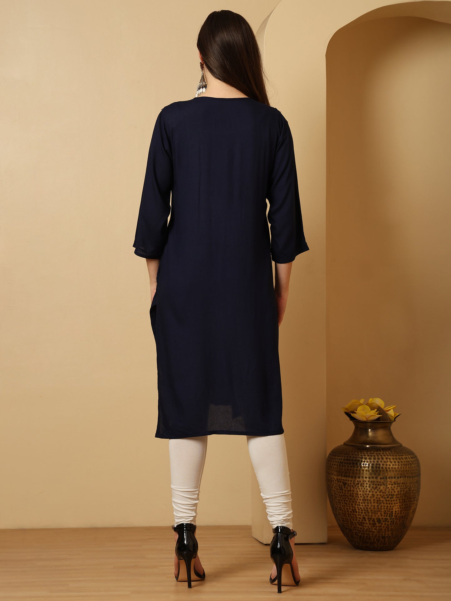 Navy Blue Rayon Lucknowi Chikankari Long Kurta for Women with Hand Embroidery – Ethnic Wear Kurti