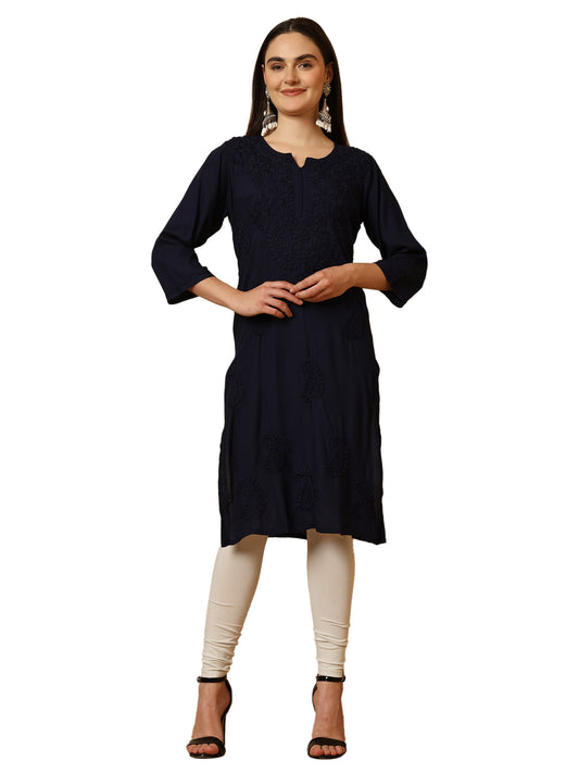 Navy Blue Rayon Lucknowi Chikankari Long Kurta for Women with Hand Embroidery – Ethnic Wear Kurti