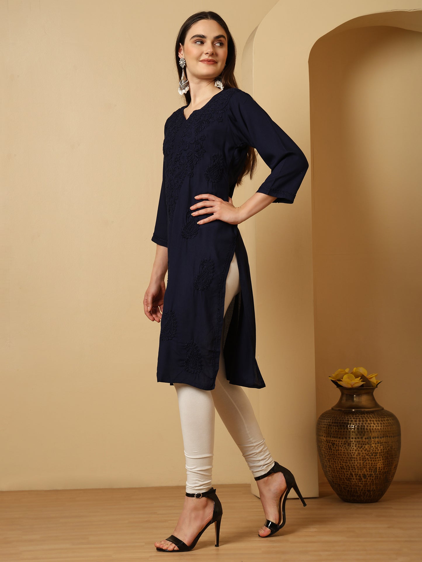 Navy Blue Rayon Lucknowi Chikankari Long Kurta for Women with Hand Embroidery – Ethnic Wear Kurti