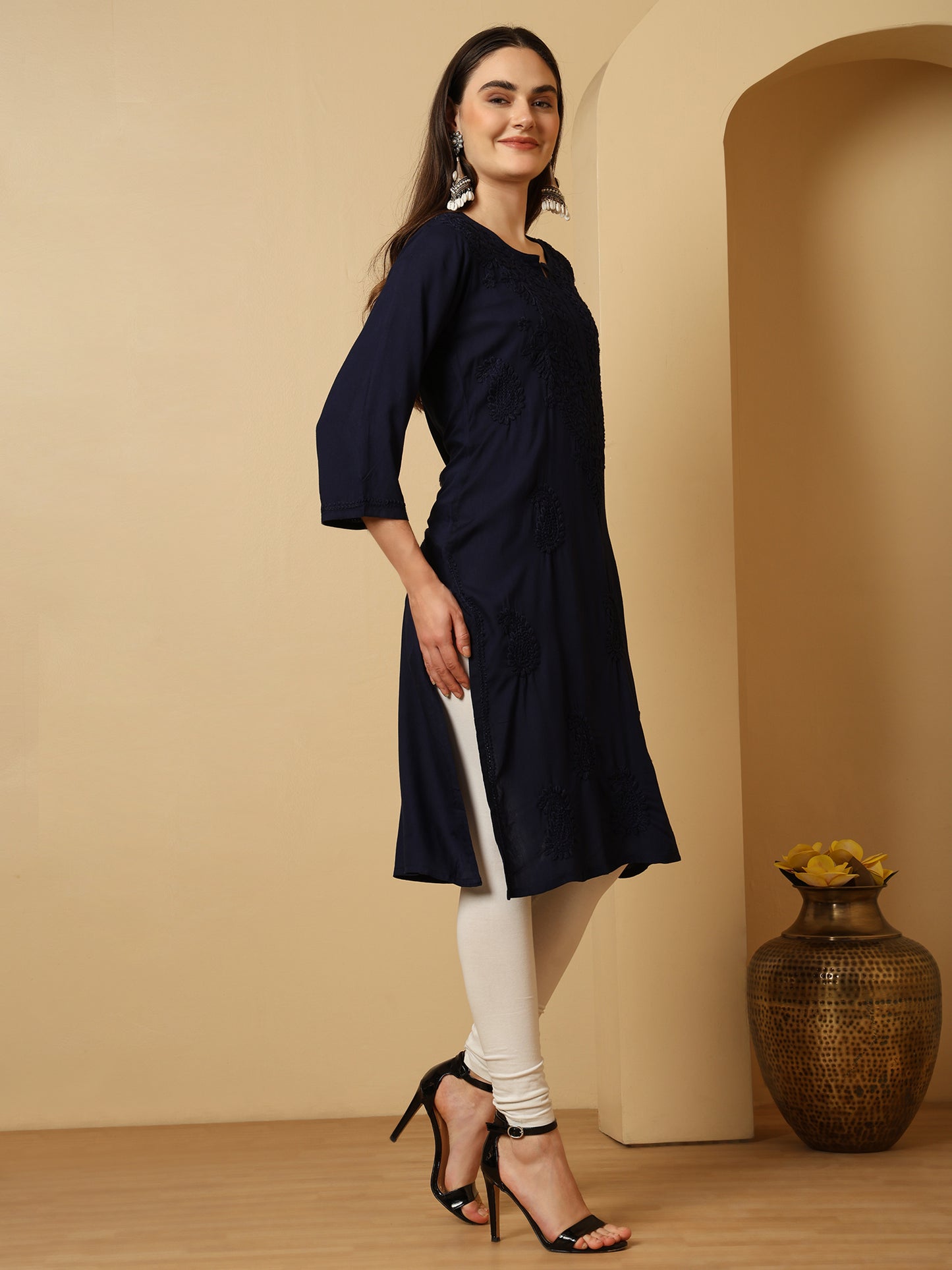 Navy Blue Rayon Lucknowi Chikankari Long Kurta for Women with Hand Embroidery – Ethnic Wear Kurti