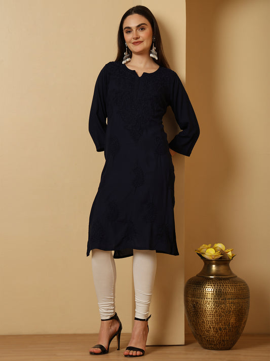 Navy Blue Rayon Lucknowi Chikankari Long Kurta for Women with Hand Embroidery – Ethnic Wear Kurti
