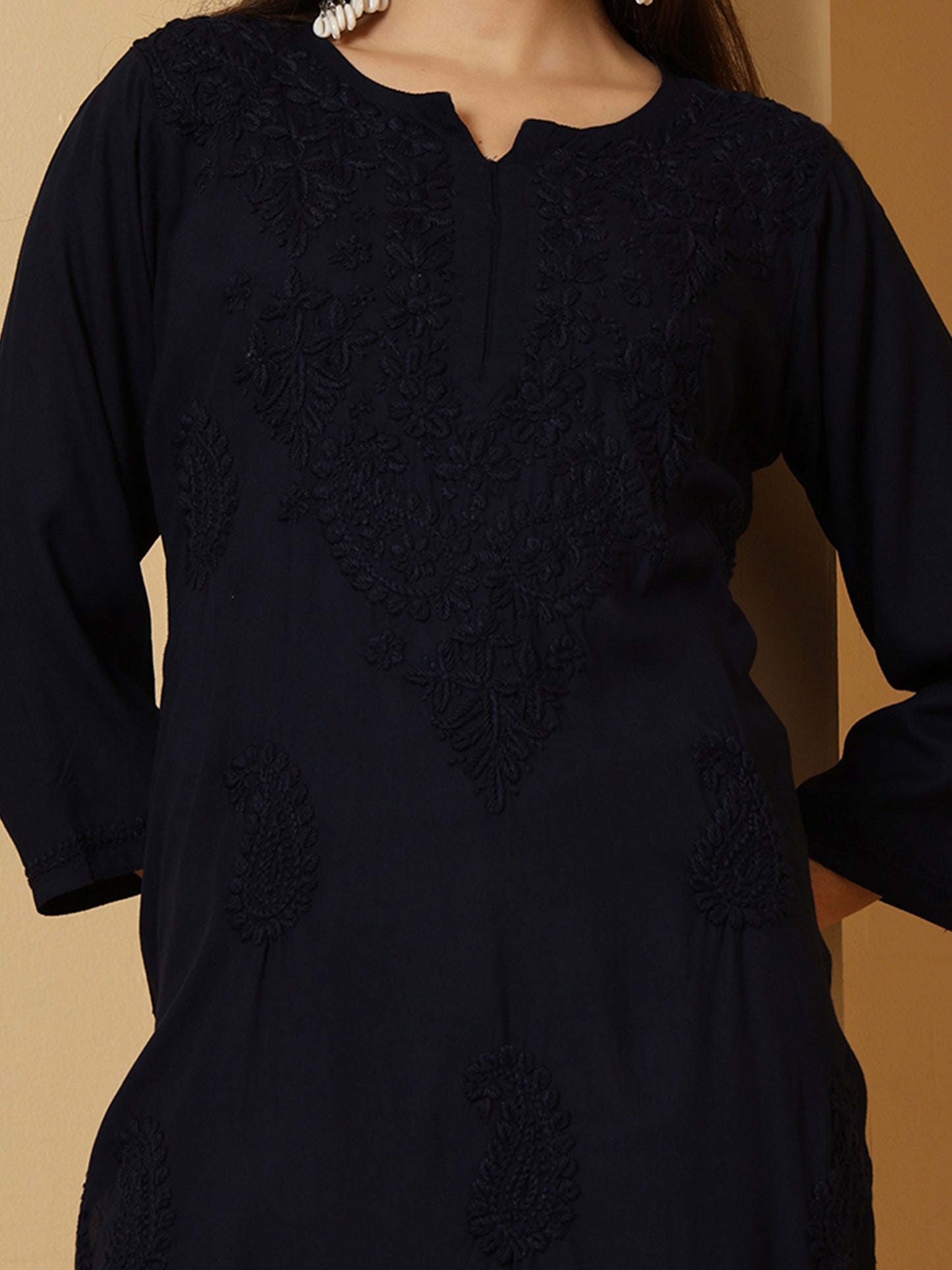 Navy Blue Rayon Lucknowi Chikankari Long Kurta for Women with Hand Embroidery – Ethnic Wear Kurti