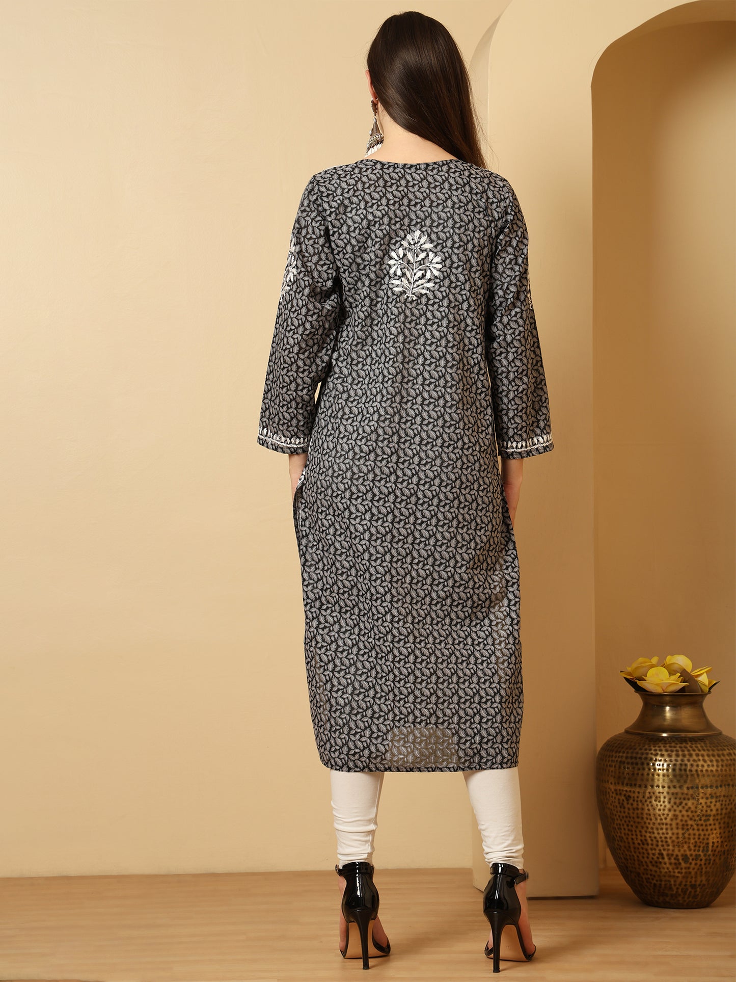 Black Brasso Cotton Lucknowi Chikankari Long Kurta for Women with White Hand Embroidery – Ethnic Wear Kurti