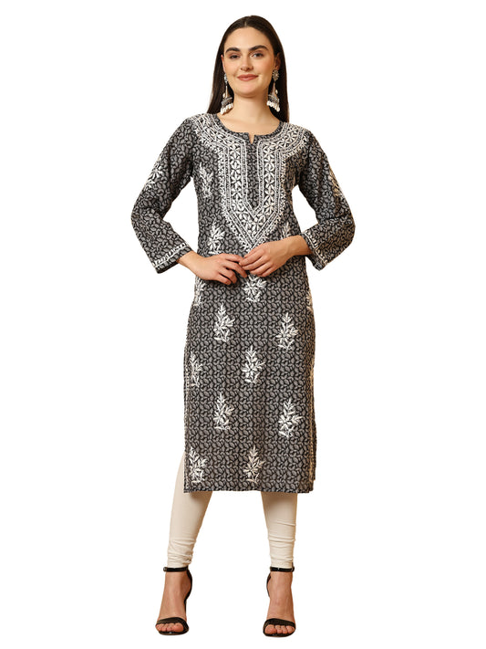 Black Brasso Cotton Lucknowi Chikankari Long Kurta for Women with White Hand Embroidery – Ethnic Wear Kurti