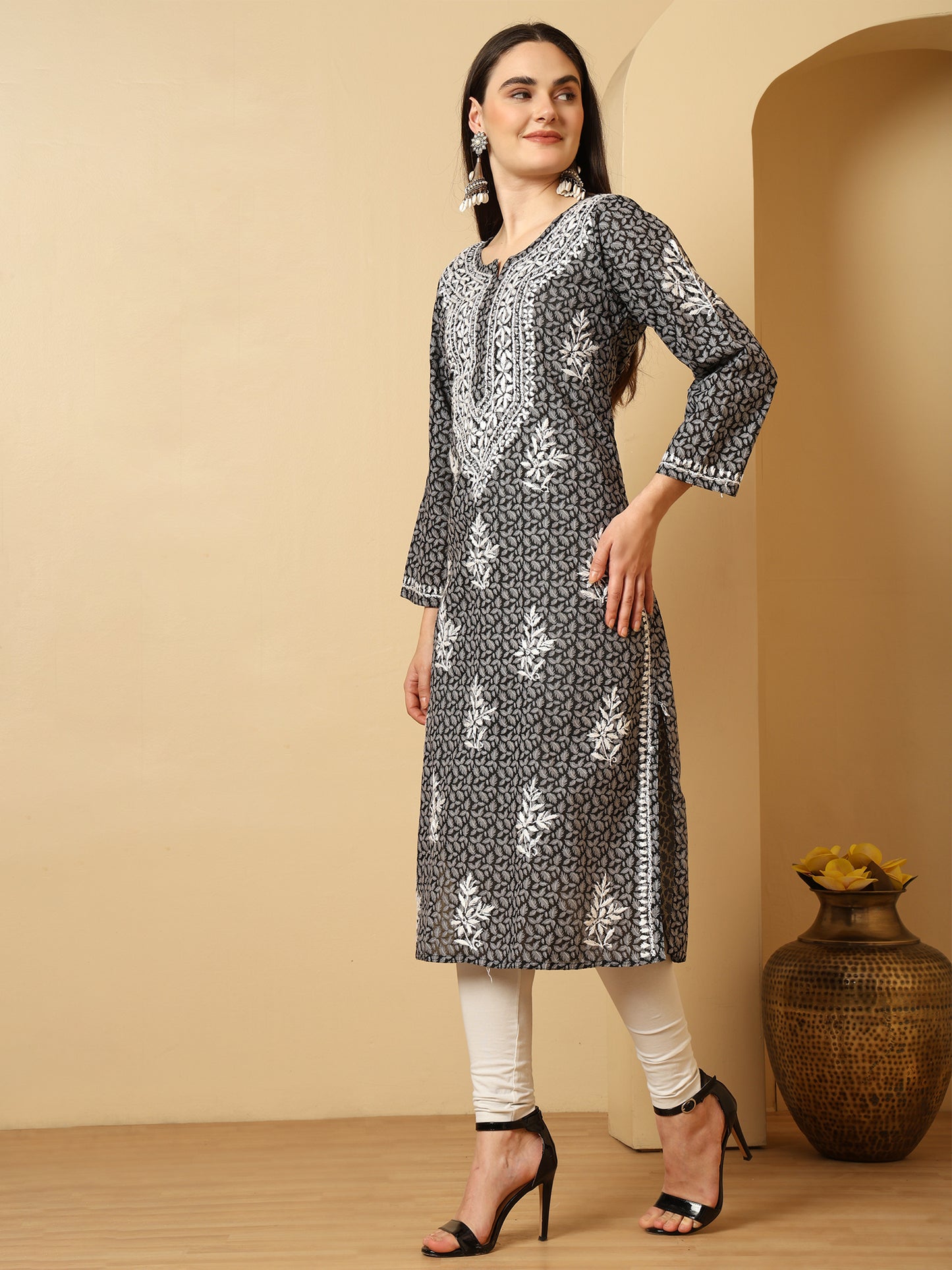 Black Brasso Cotton Lucknowi Chikankari Long Kurta for Women with White Hand Embroidery – Ethnic Wear Kurti