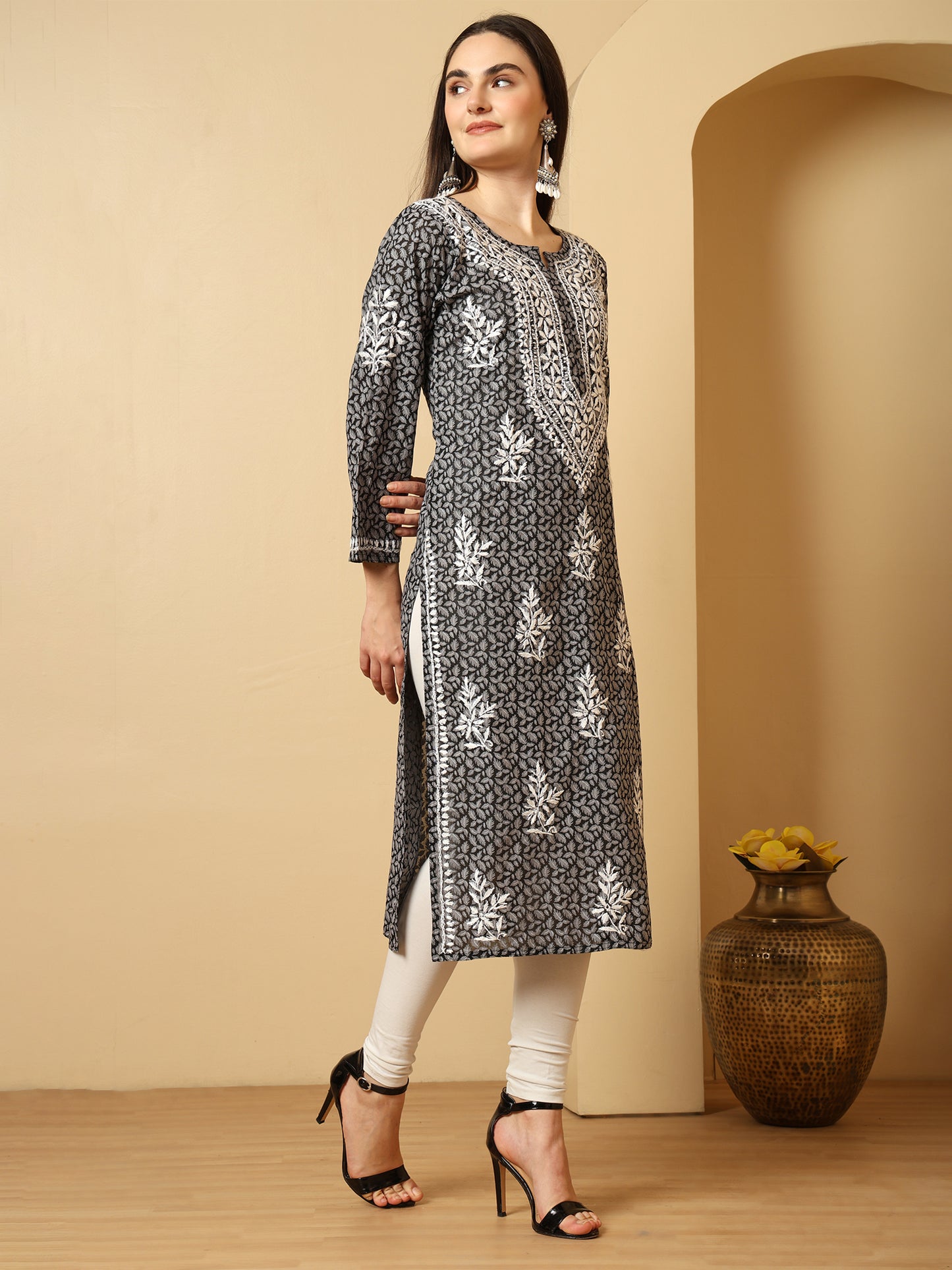 Black Brasso Cotton Lucknowi Chikankari Long Kurta for Women with White Hand Embroidery – Ethnic Wear Kurti