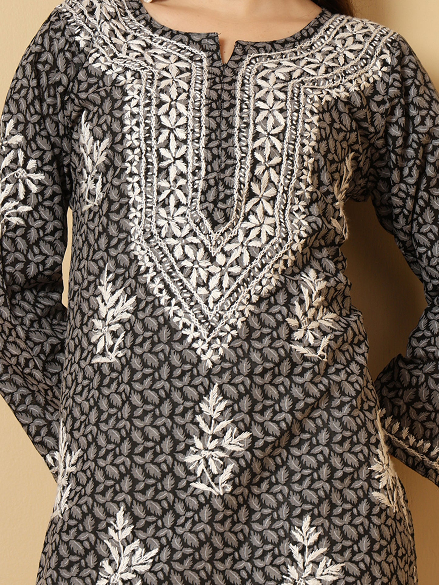 Black Brasso Cotton Lucknowi Chikankari Long Kurta for Women with White Hand Embroidery – Ethnic Wear Kurti
