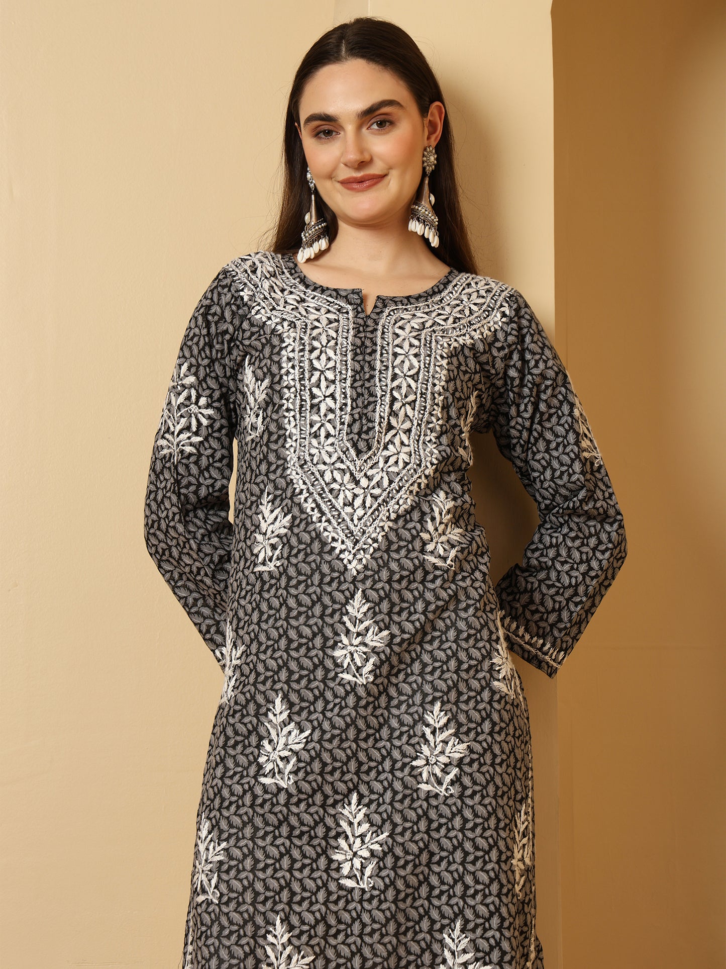 Black Brasso Cotton Lucknowi Chikankari Long Kurta for Women with White Hand Embroidery – Ethnic Wear Kurti