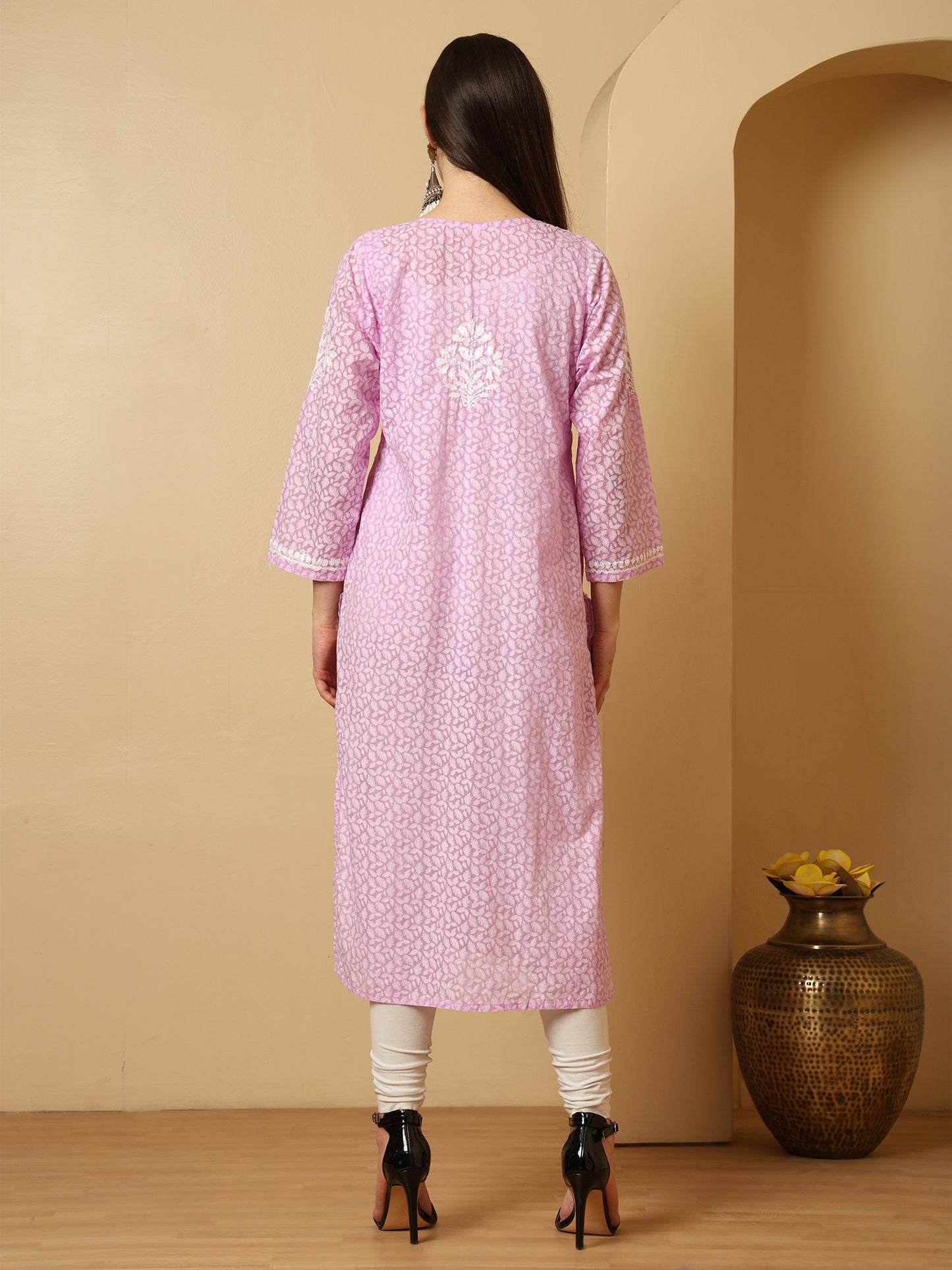 Lavender Brasso Cotton Lucknowi Chikankari Long Kurta for Women with White Hand Embroidery – Ethnic Wear Kurti