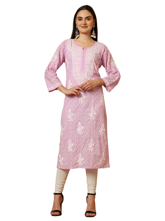 Lavender Brasso Cotton Lucknowi Chikankari Long Kurta for Women with White Hand Embroidery – Ethnic Wear Kurti
