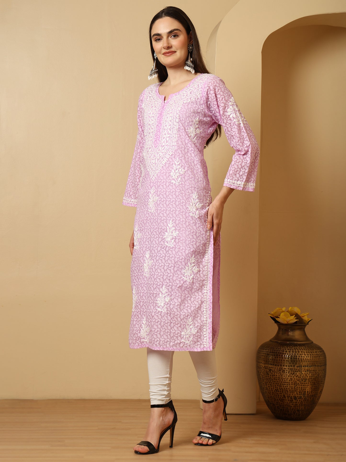 Lavender Brasso Cotton Lucknowi Chikankari Long Kurta for Women with White Hand Embroidery – Ethnic Wear Kurti