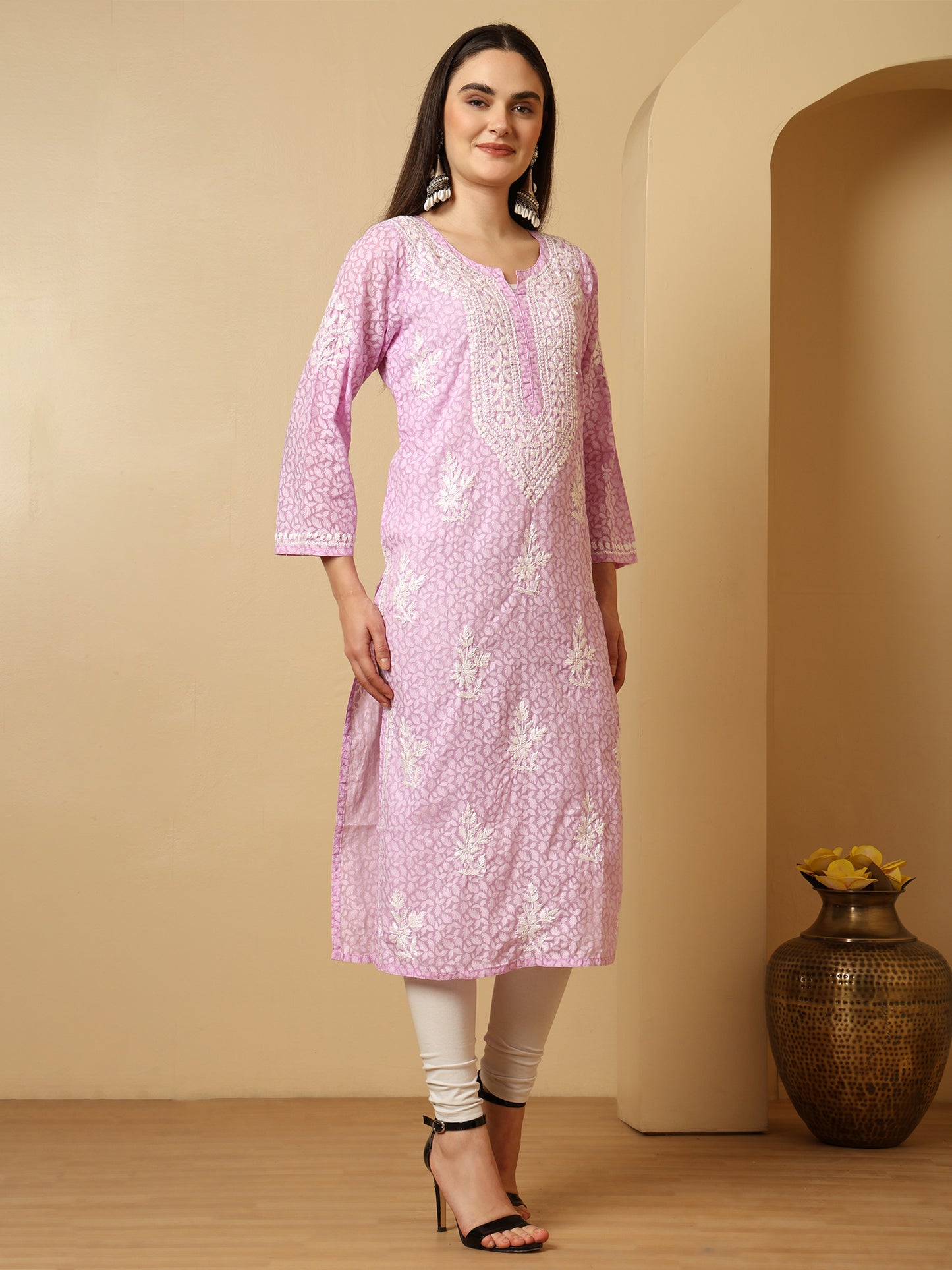 Lavender Brasso Cotton Lucknowi Chikankari Long Kurta for Women with White Hand Embroidery – Ethnic Wear Kurti