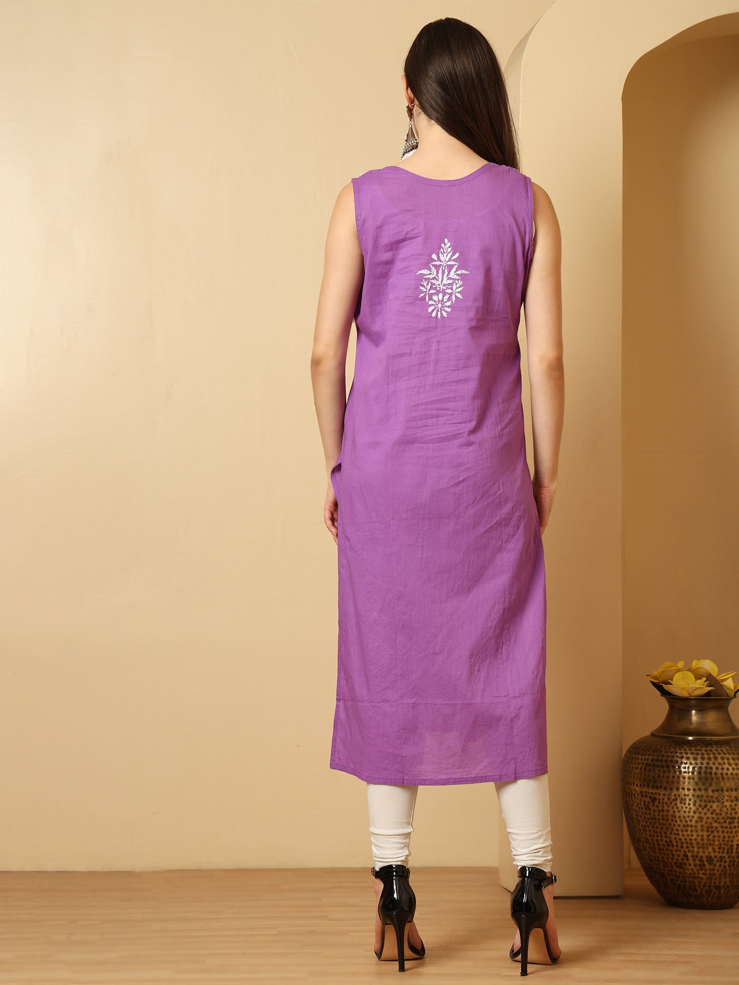 Purple Cotton Lucknowi Chikankari Sleeveless Long Kurta for Women with Hand Embroidery – Traditional Ethnic Wear Kurti
