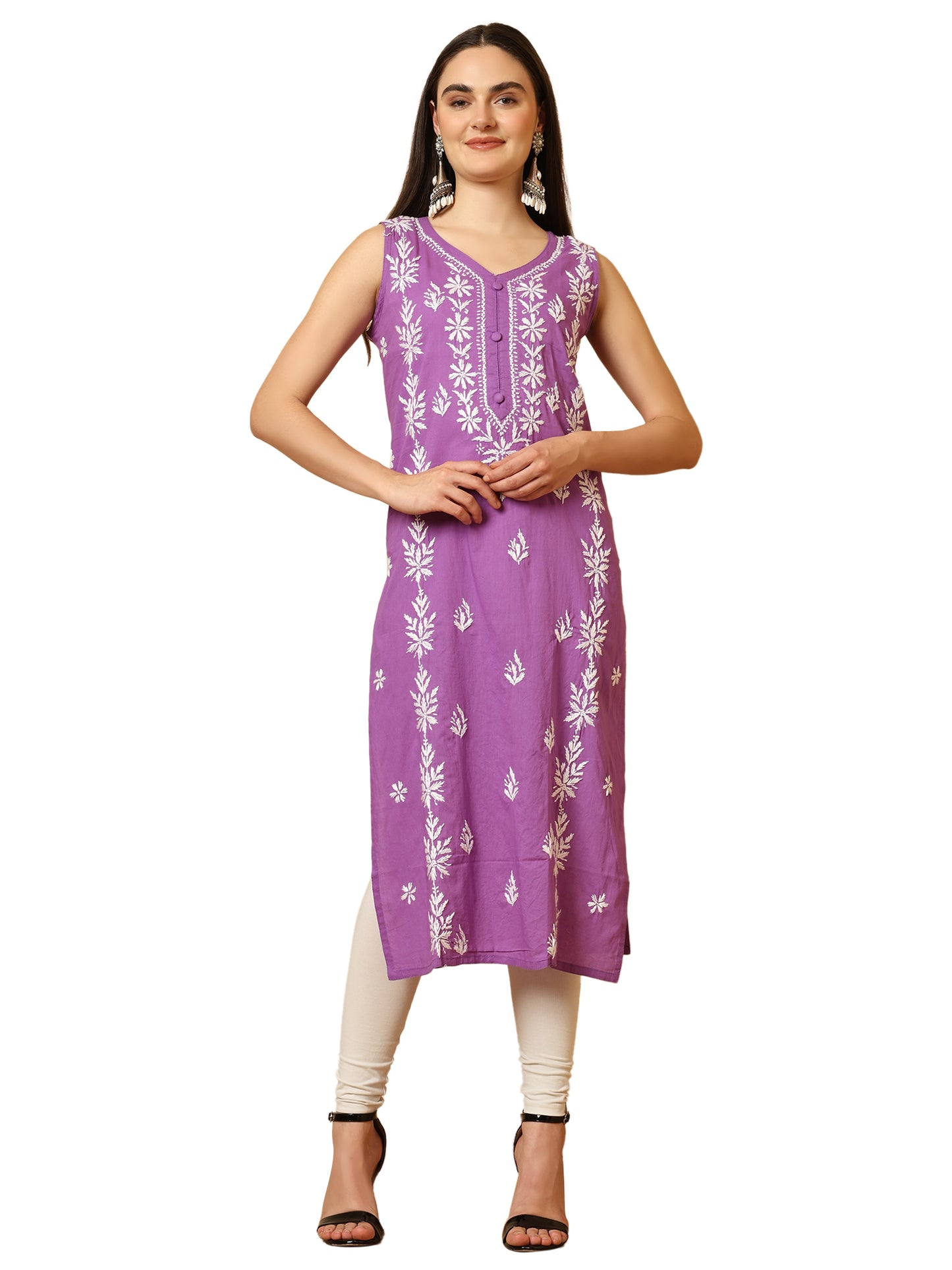 Purple Cotton Lucknowi Chikankari Sleeveless Long Kurta for Women with Hand Embroidery – Traditional Ethnic Wear Kurti