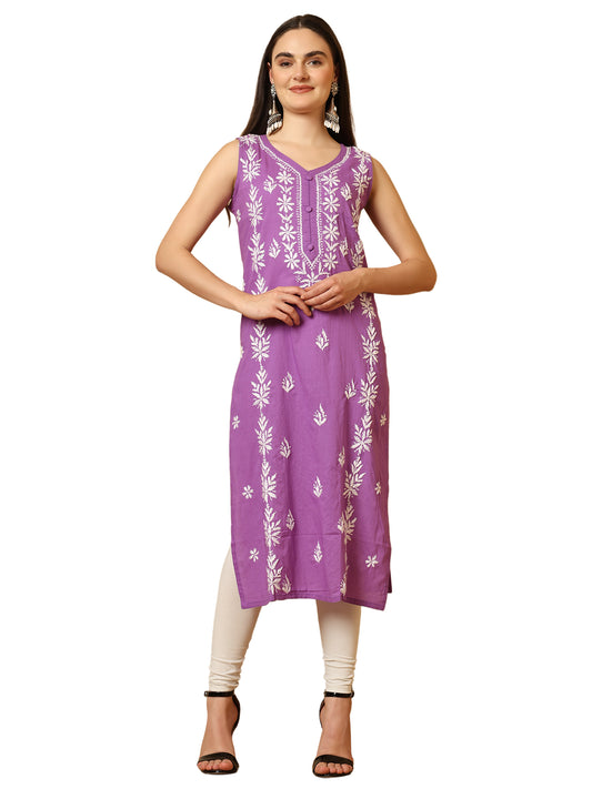 Purple Cotton Lucknowi Chikankari Sleeveless Long Kurta for Women with Hand Embroidery – Traditional Ethnic Wear Kurti