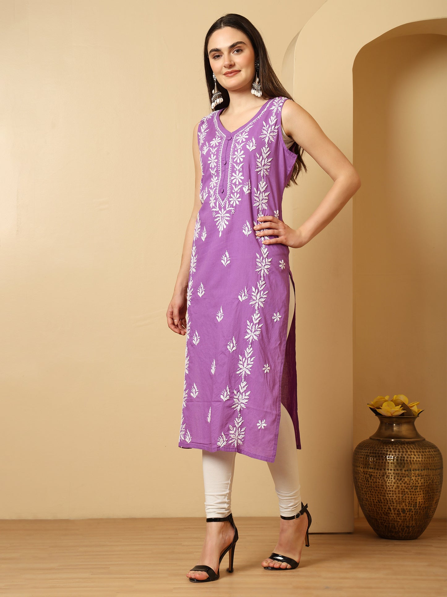 Purple Cotton Lucknowi Chikankari Sleeveless Long Kurta for Women with Hand Embroidery – Traditional Ethnic Wear Kurti