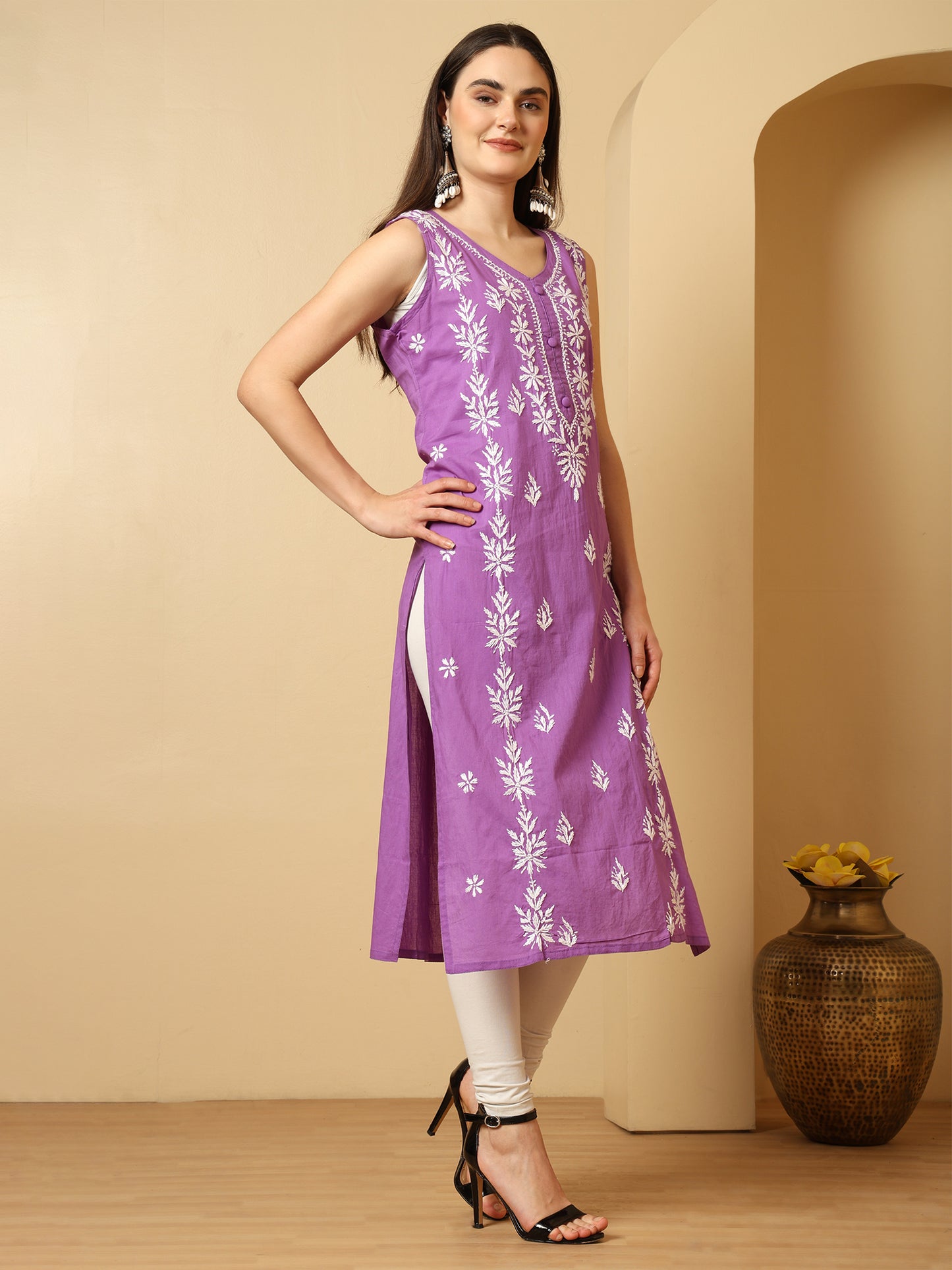 Purple Cotton Lucknowi Chikankari Sleeveless Long Kurta for Women with Hand Embroidery – Traditional Ethnic Wear Kurti