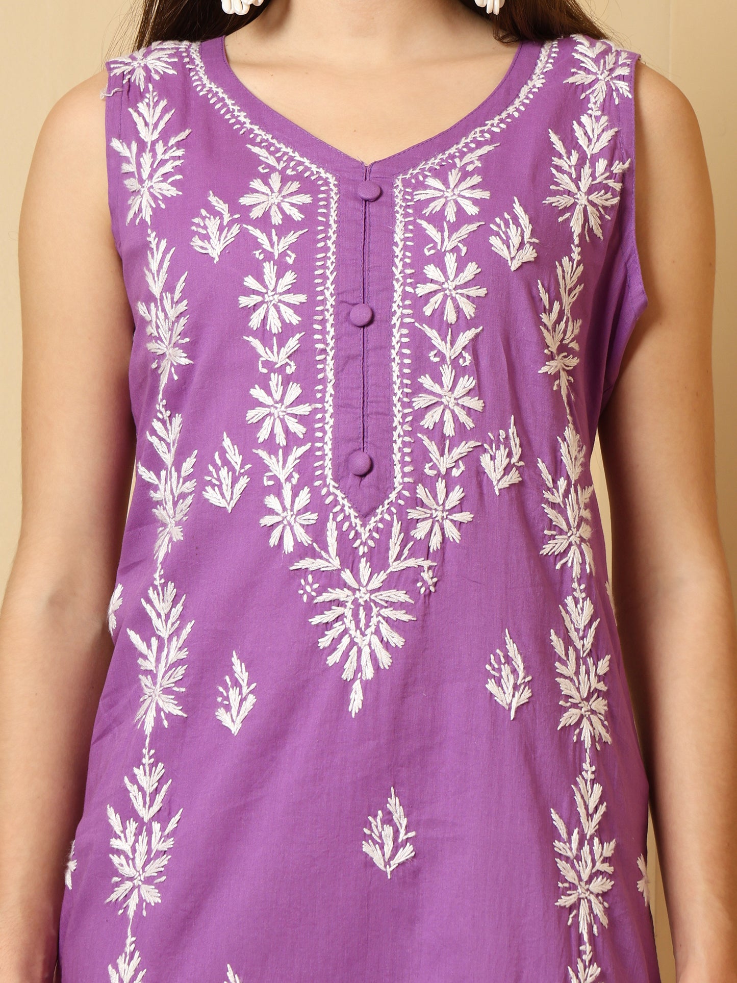 Purple Cotton Lucknowi Chikankari Sleeveless Long Kurta for Women with Hand Embroidery – Traditional Ethnic Wear Kurti