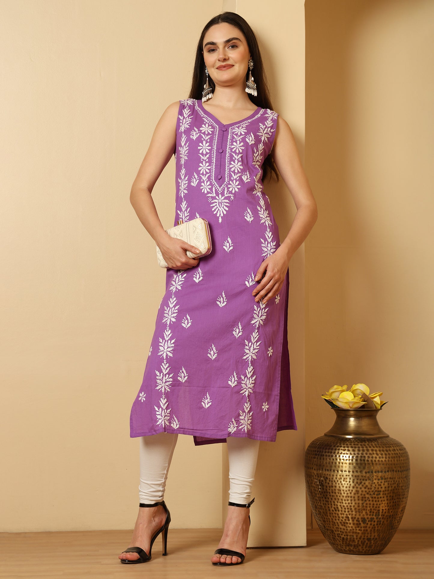 Purple Cotton Lucknowi Chikankari Sleeveless Long Kurta for Women with Hand Embroidery – Traditional Ethnic Wear Kurti