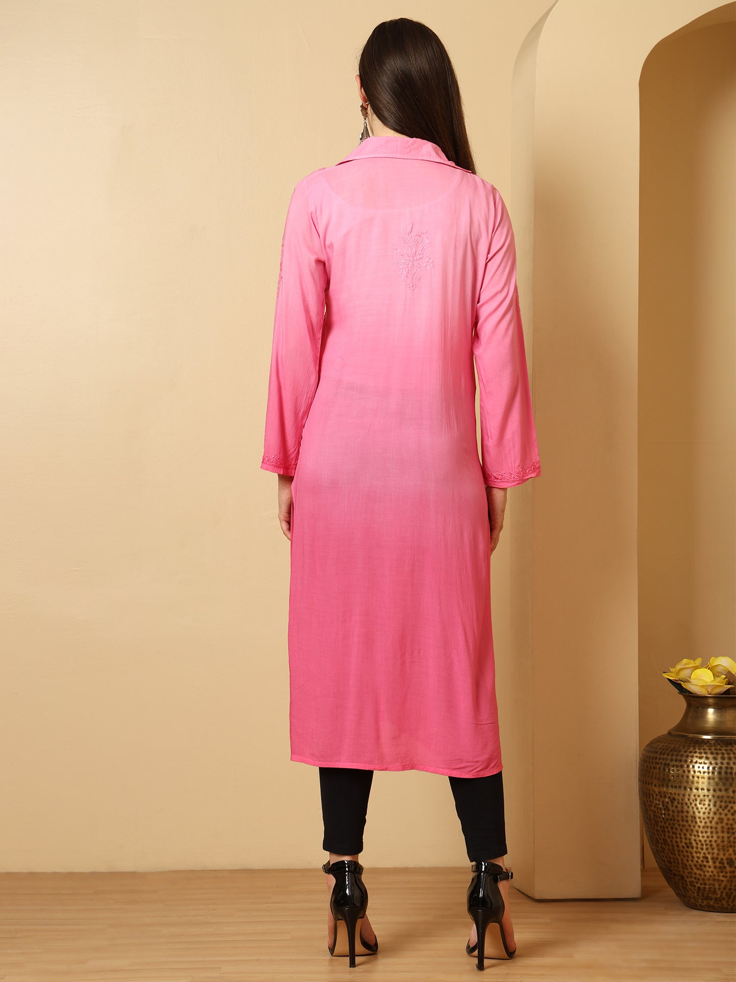 Pink Ombre Modal Lucknowi Chikankari Long Kurta for Women with Hand Embroidery – Ethnic Wear Kurti