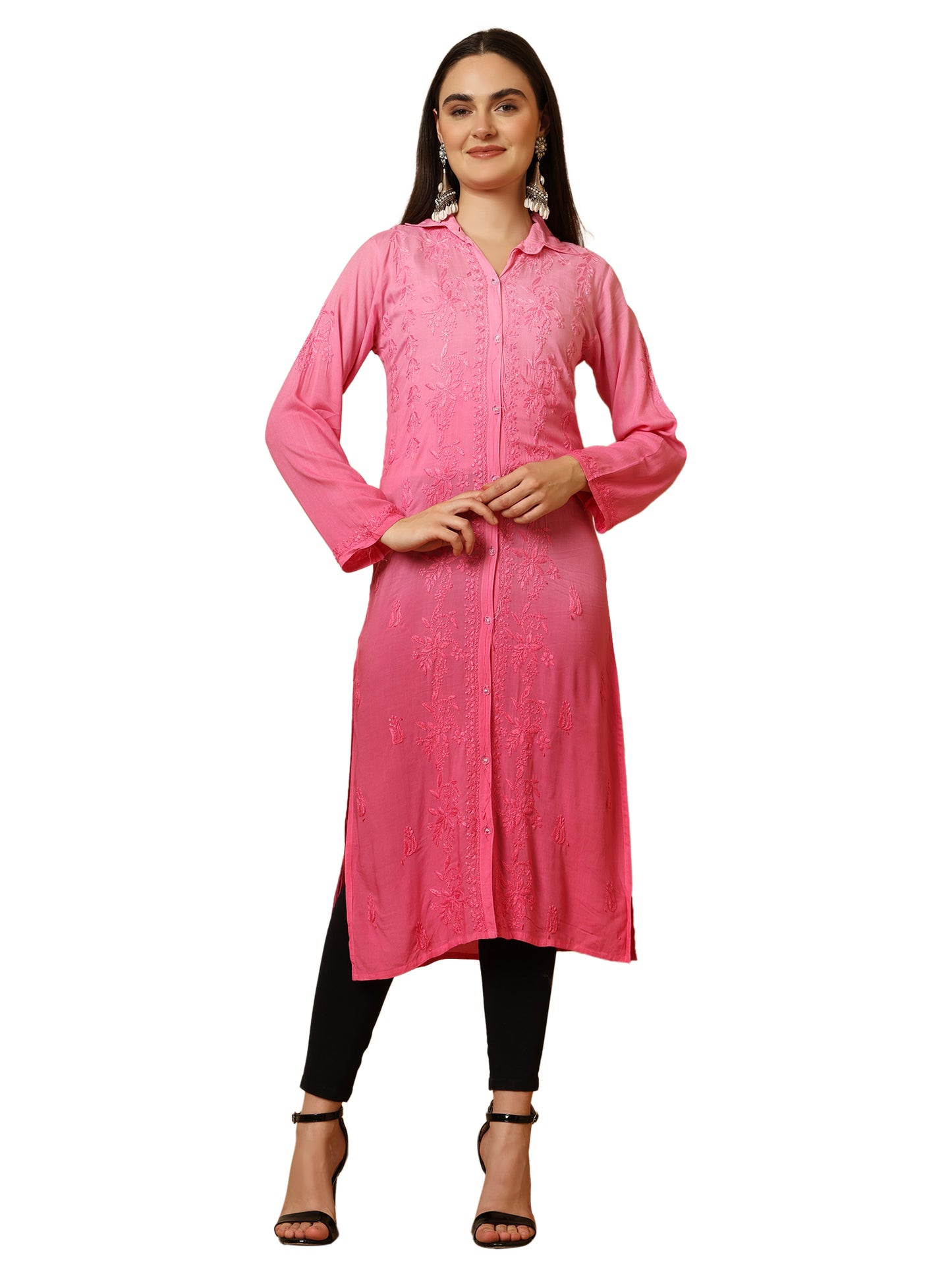 Pink Ombre Modal Lucknowi Chikankari Long Kurta for Women with Hand Embroidery – Ethnic Wear Kurti