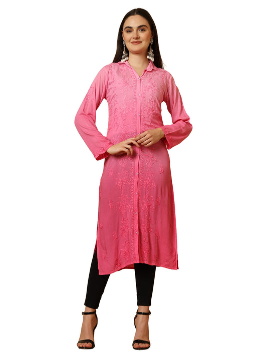 Pink Ombre Modal Lucknowi Chikankari Long Kurta for Women with Hand Embroidery – Ethnic Wear Kurti