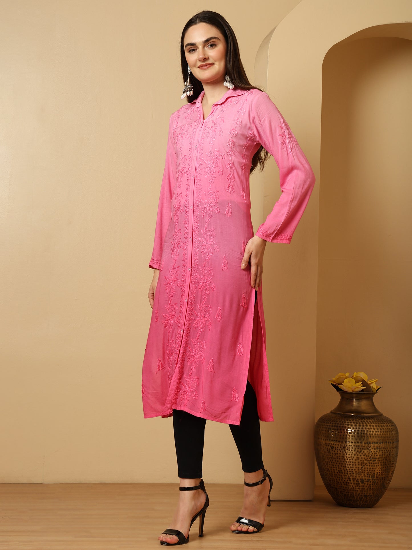Pink Ombre Modal Lucknowi Chikankari Long Kurta for Women with Hand Embroidery – Ethnic Wear Kurti