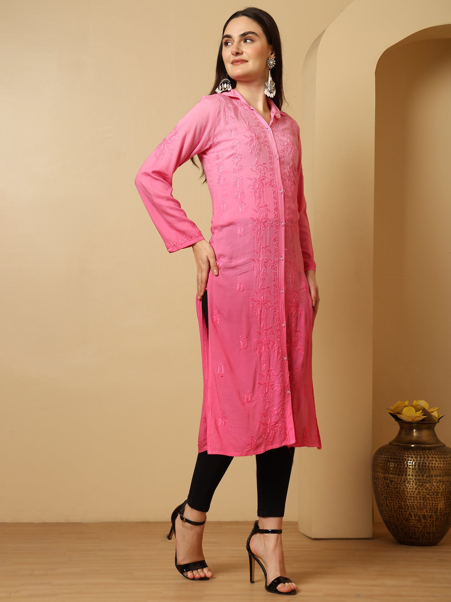 Pink Ombre Modal Lucknowi Chikankari Long Kurta for Women with Hand Embroidery – Ethnic Wear Kurti