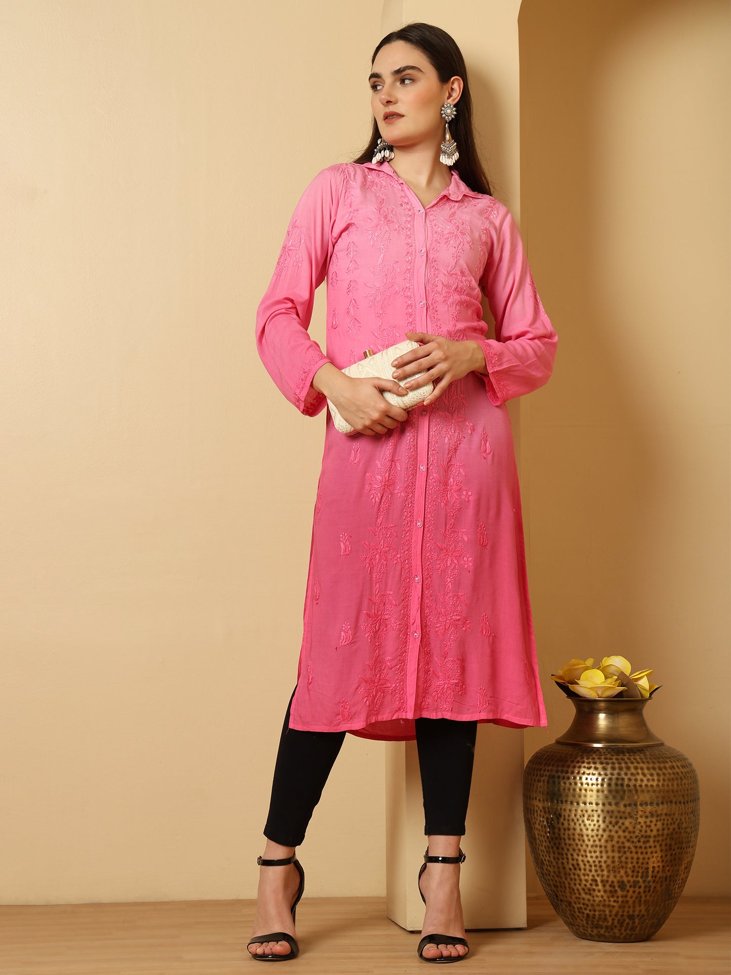 Pink Ombre Modal Lucknowi Chikankari Long Kurta for Women with Hand Embroidery – Ethnic Wear Kurti