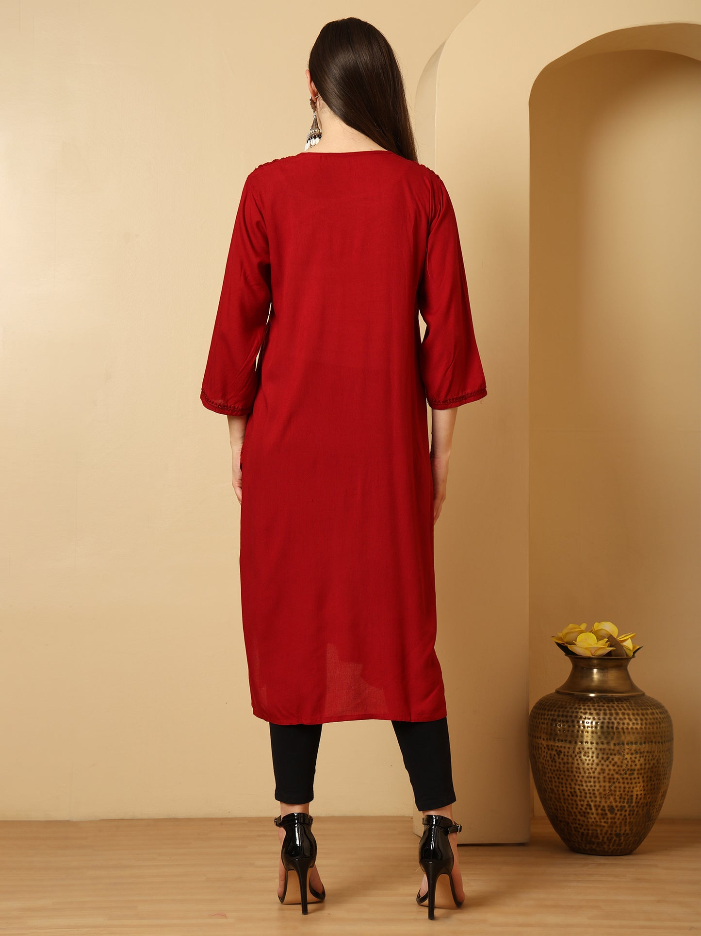 Maroon Rayon Lucknowi Chikankari Long Kurta for Women with Hand Embroidery – Ethnic Wear Kurti