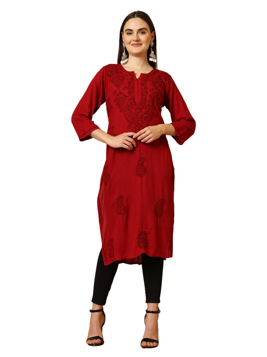 Maroon Rayon Lucknowi Chikankari Long Kurta for Women with Hand Embroidery – Ethnic Wear Kurti