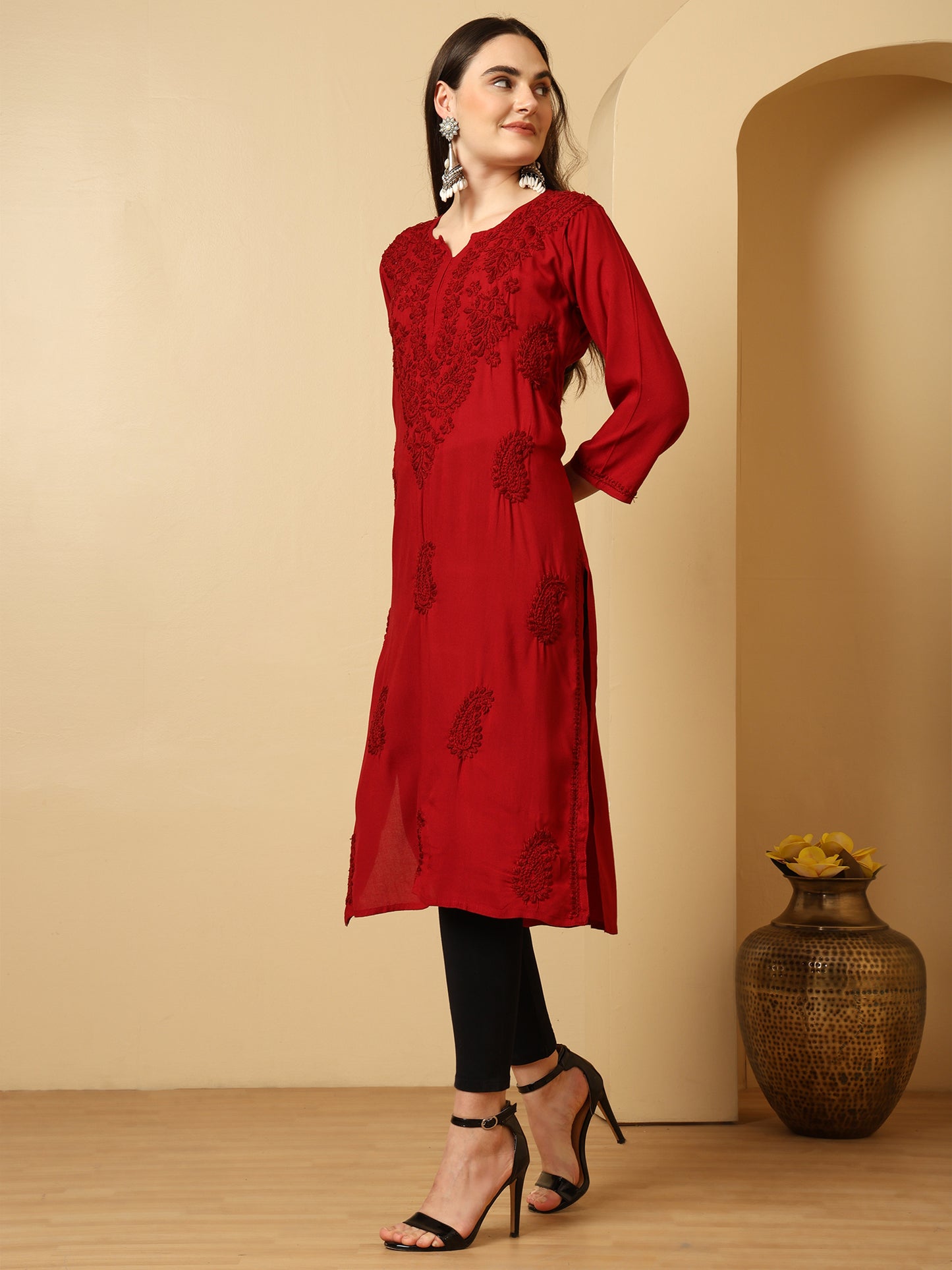 Maroon Rayon Lucknowi Chikankari Long Kurta for Women with Hand Embroidery – Ethnic Wear Kurti