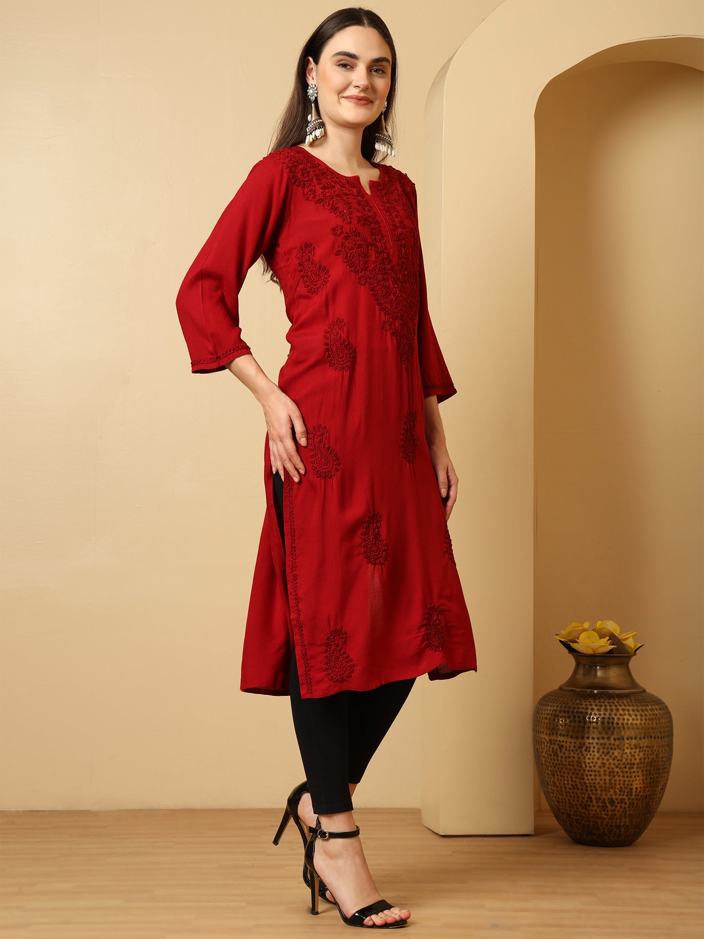 Maroon Rayon Lucknowi Chikankari Long Kurta for Women with Hand Embroidery – Ethnic Wear Kurti