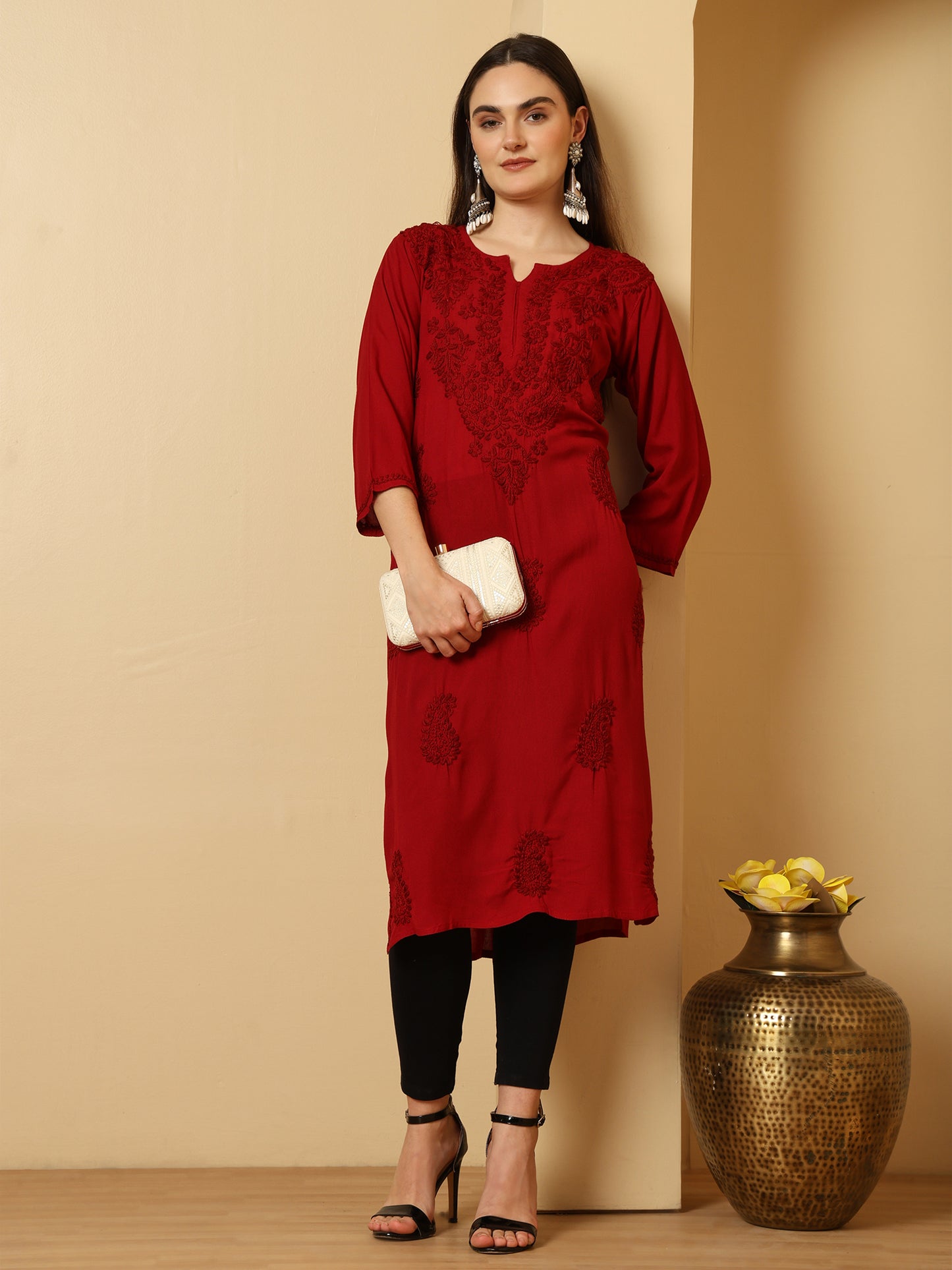 Maroon Rayon Lucknowi Chikankari Long Kurta for Women with Hand Embroidery – Ethnic Wear Kurti