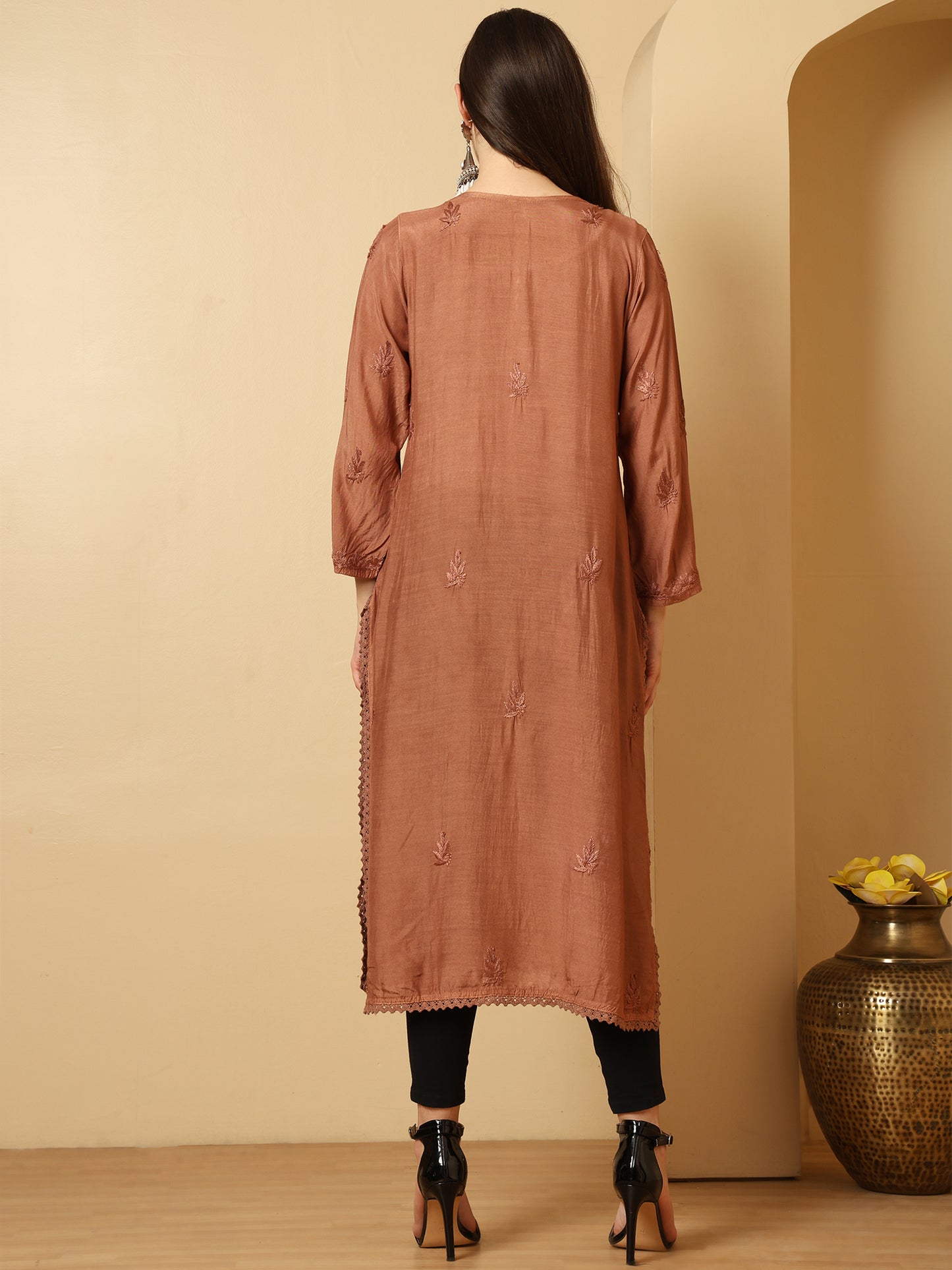 Chocolate Brown Muslin Lucknowi Chikankari Long Kurta for Women with Hand Embroidery – Ethnic Wear Kurti