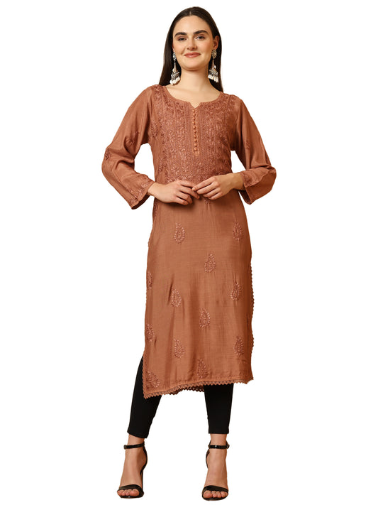 Chocolate Brown Muslin Lucknowi Chikankari Long Kurta for Women with Hand Embroidery – Ethnic Wear Kurti