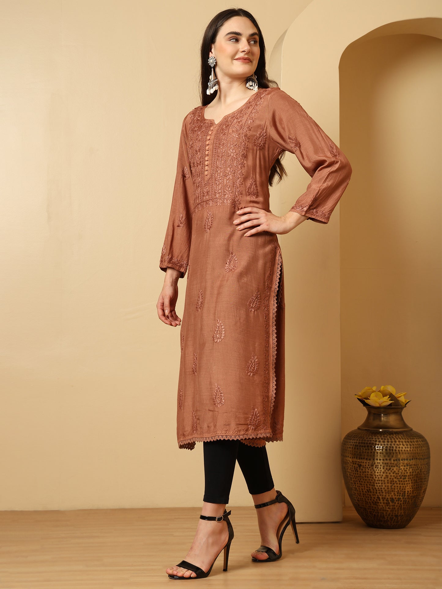 Chocolate Brown Muslin Lucknowi Chikankari Long Kurta for Women with Hand Embroidery – Ethnic Wear Kurti
