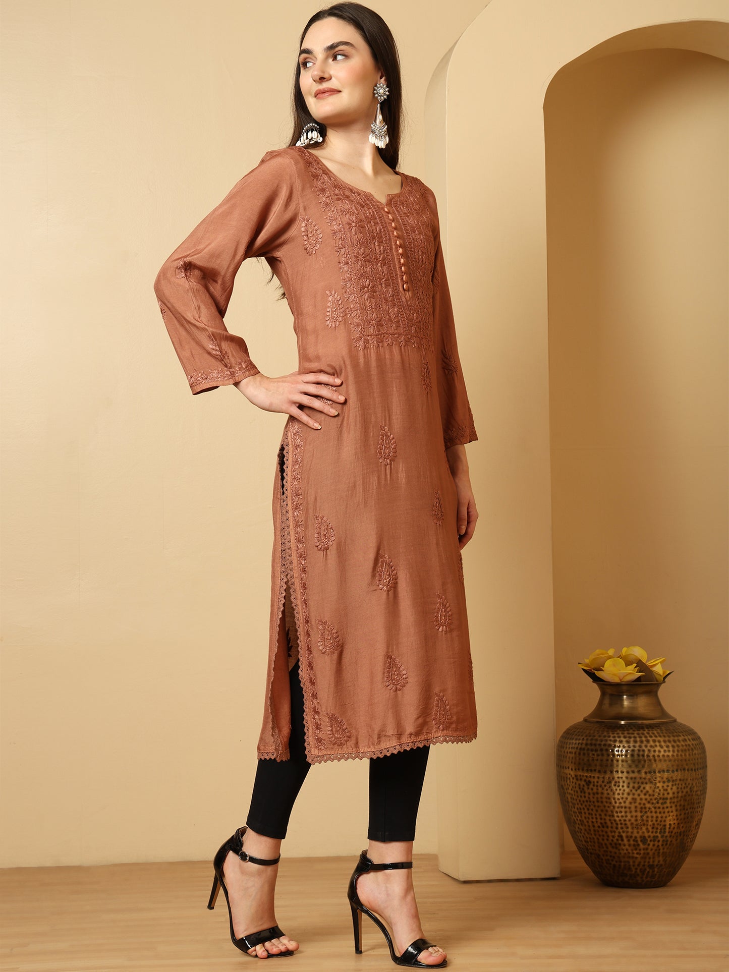 Chocolate Brown Muslin Lucknowi Chikankari Long Kurta for Women with Hand Embroidery – Ethnic Wear Kurti