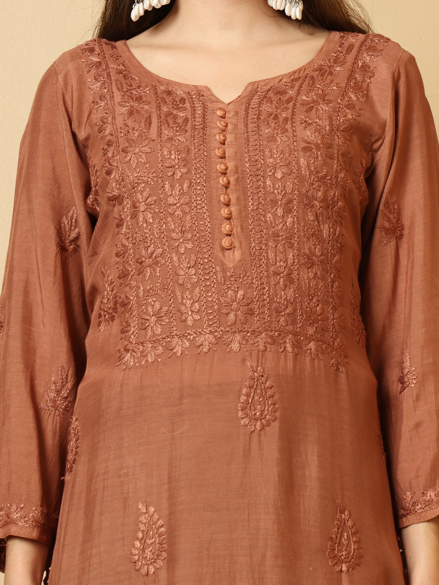 Chocolate Brown Muslin Lucknowi Chikankari Long Kurta for Women with Hand Embroidery – Ethnic Wear Kurti