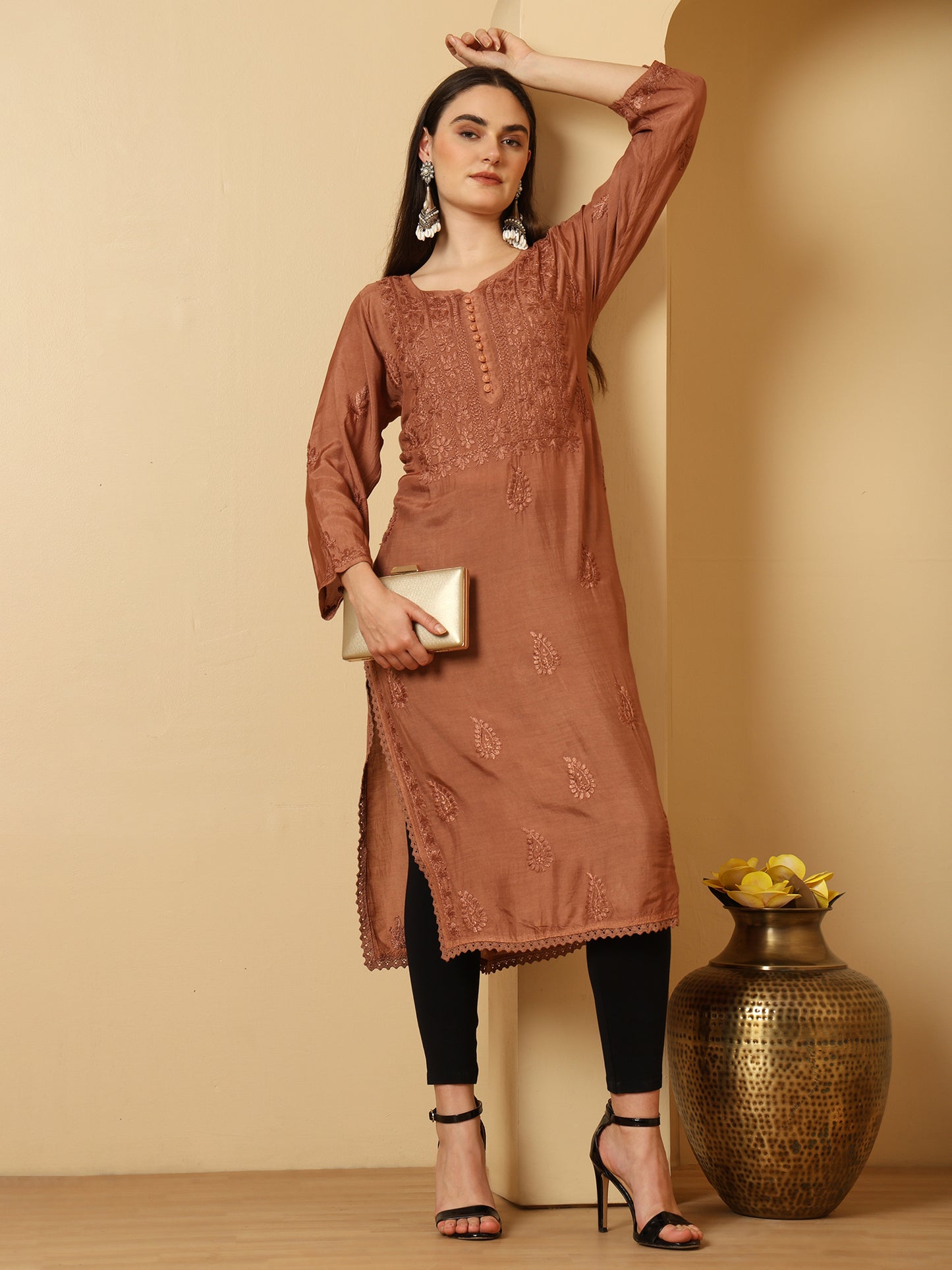 Chocolate Brown Muslin Lucknowi Chikankari Long Kurta for Women with Hand Embroidery – Ethnic Wear Kurti