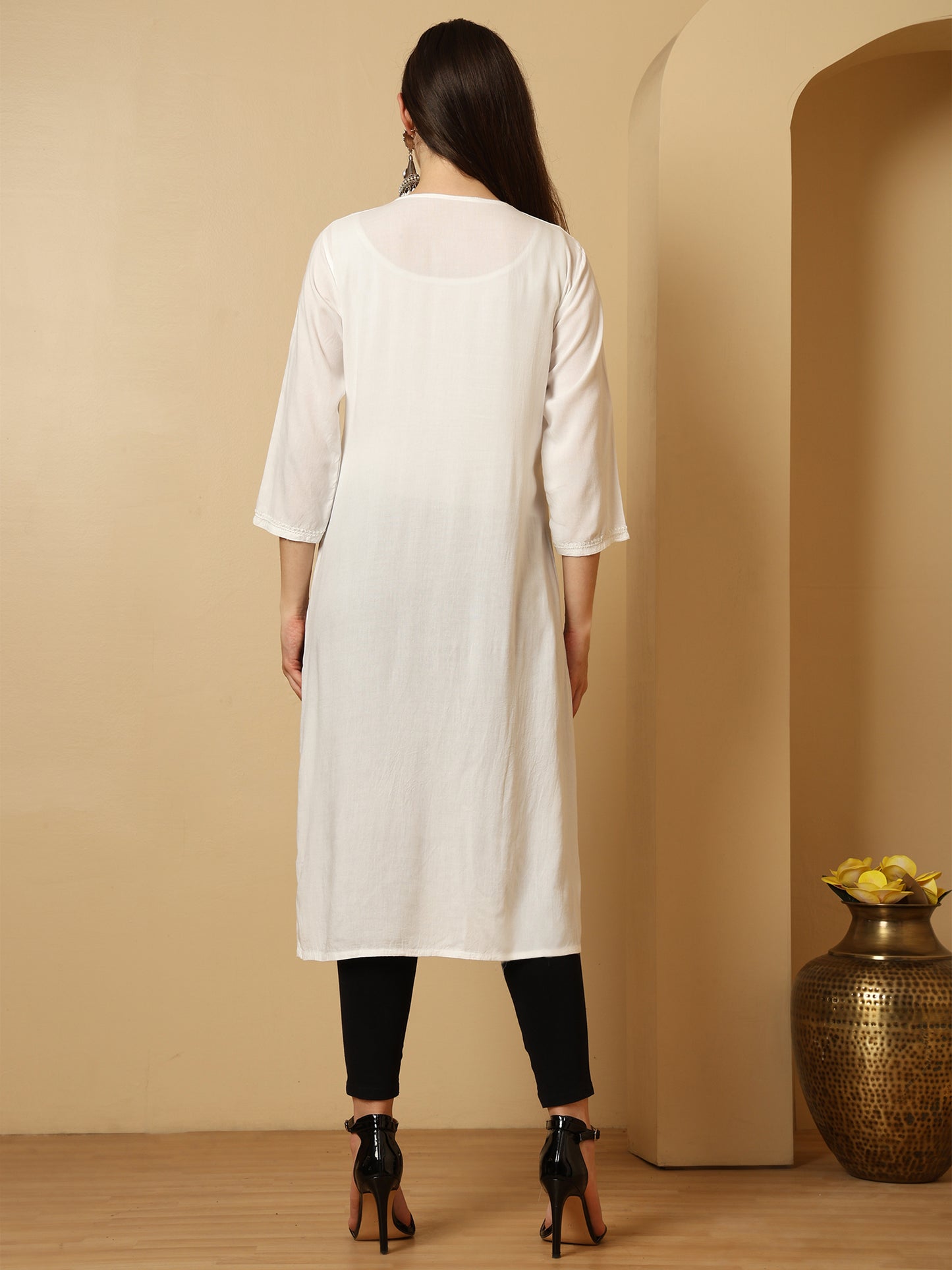 White Rayon Lucknowi Chikankari Long Kurta for Women with Hand Embroidery – Ethnic Wear Kurti