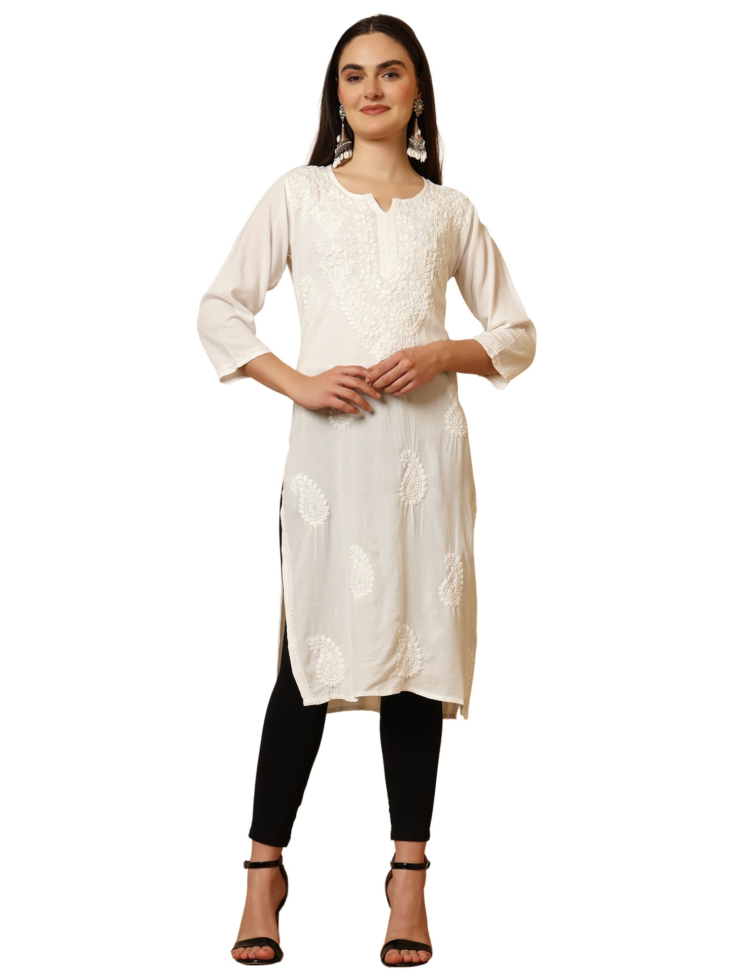 White Rayon Lucknowi Chikankari Long Kurta for Women with Hand Embroidery – Ethnic Wear Kurti