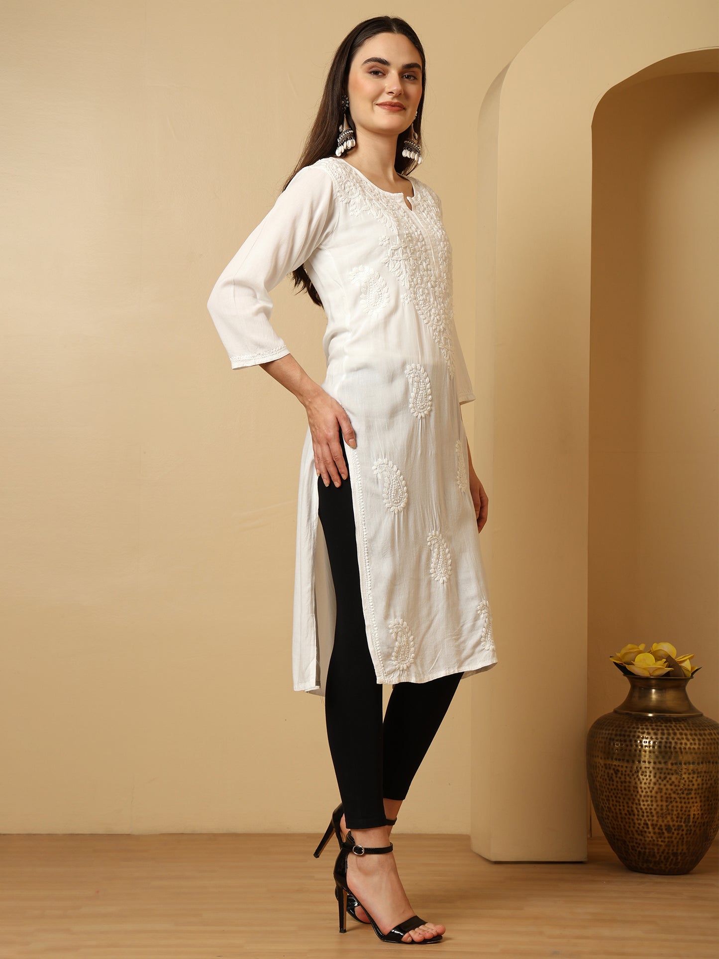 White Rayon Lucknowi Chikankari Long Kurta for Women with Hand Embroidery – Ethnic Wear Kurti