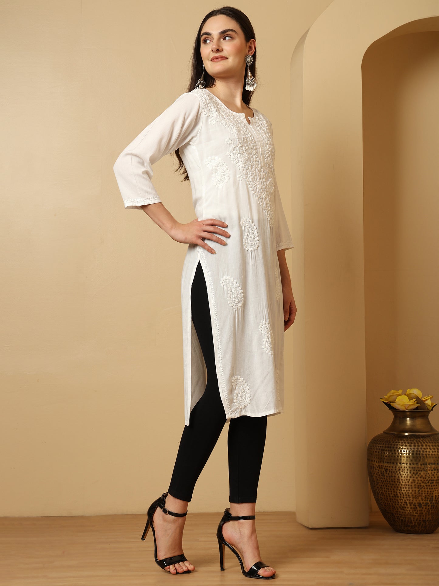 White Rayon Lucknowi Chikankari Long Kurta for Women with Hand Embroidery – Ethnic Wear Kurti