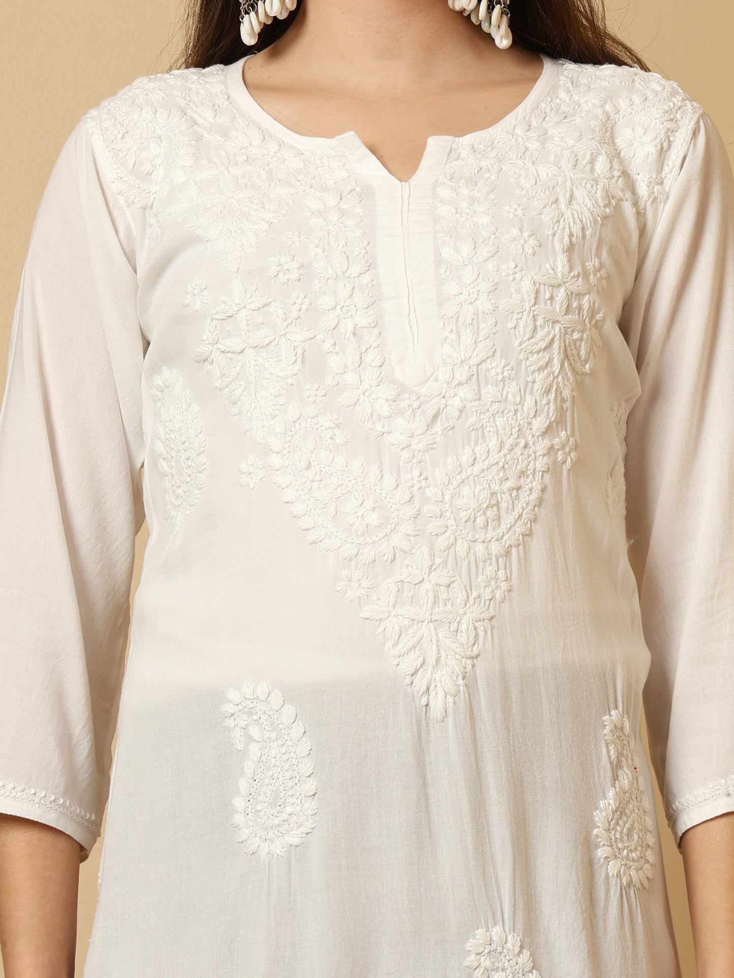 White Rayon Lucknowi Chikankari Long Kurta for Women with Hand Embroidery – Ethnic Wear Kurti